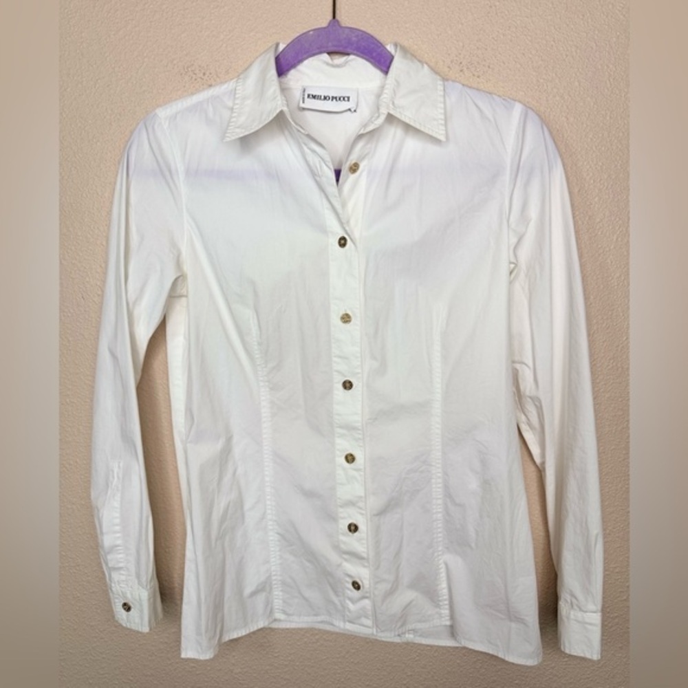 Emilio Pucci long sleeve white button down shirt with gold buttons size US 4